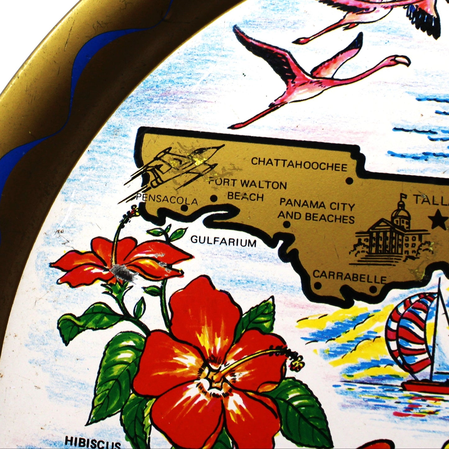 Tray, Metal Tray, Florida Map Souvenir, State Flower Orange Blossom, Round, Vintage