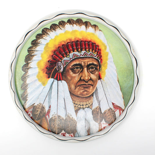 Decorative vintage metal tin tray with a Native American Indian chief design