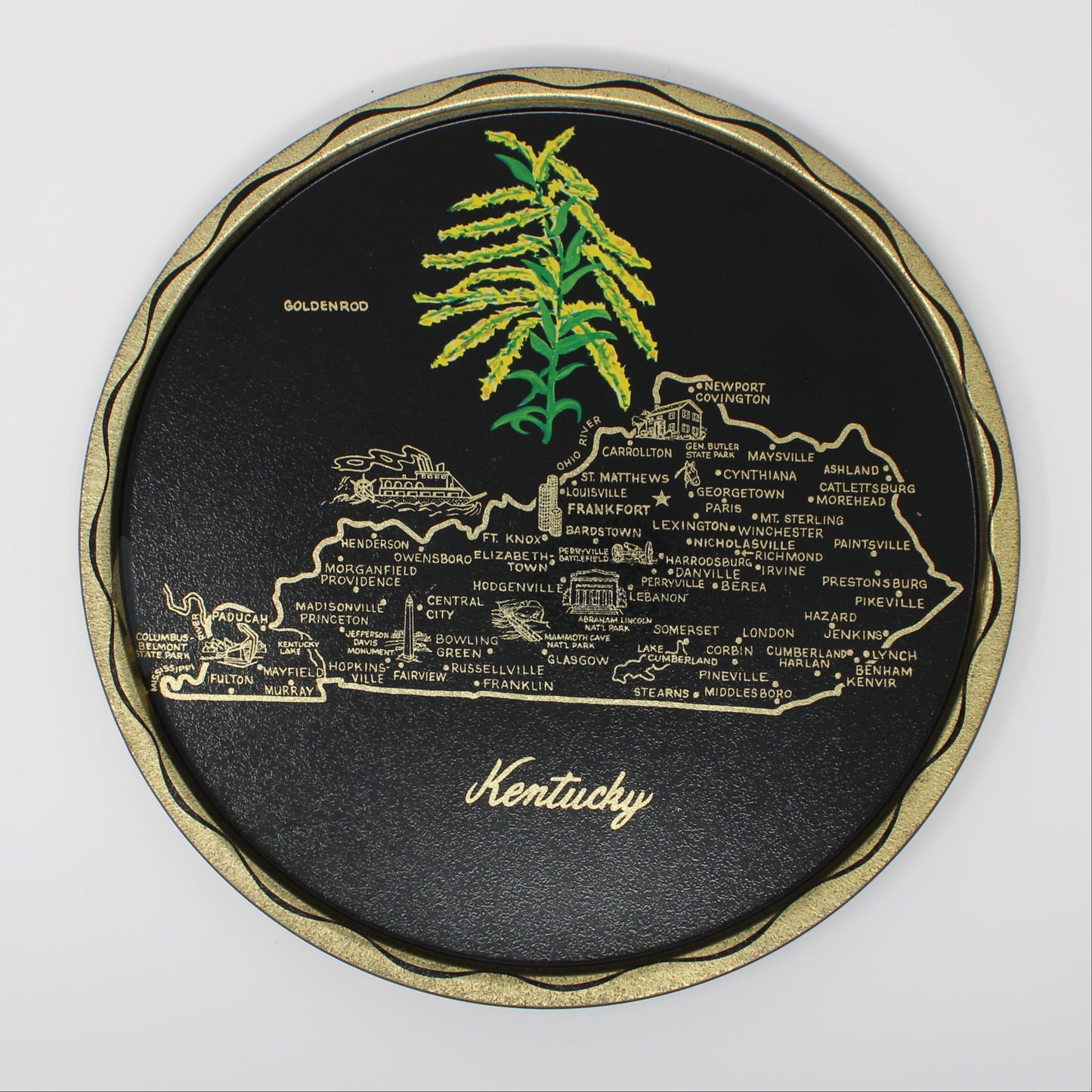 Vintage Tin Tray, Kentucky State Map and State Flower, Goldenrod. Back with Gold. Mid Century.