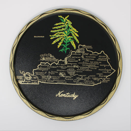 Vintage Tin Tray, Kentucky State Map and State Flower, Goldenrod with other landmarks.  Back background with Gold.  Mid Century Japan.