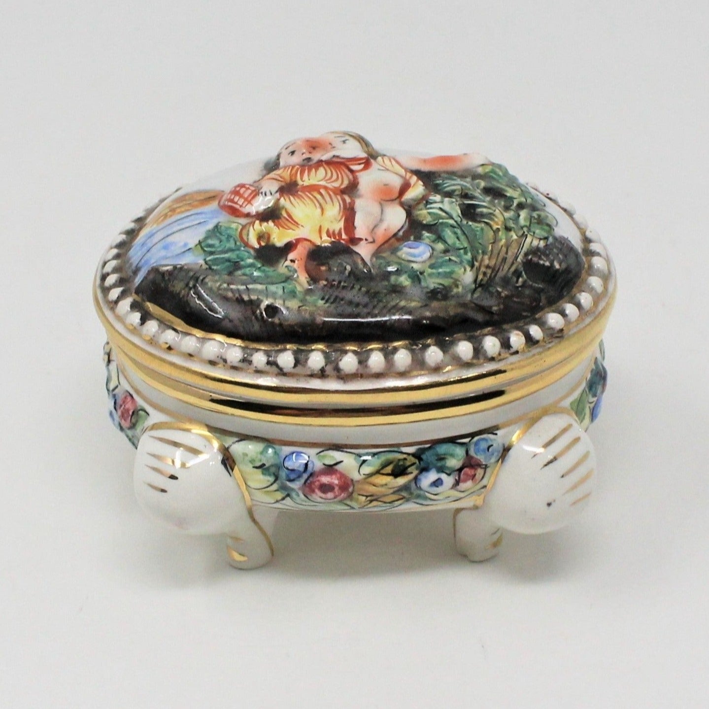 Vintage Capodimonte Cherub Putto Trinket Box, Hand Painted, Mid Century Italian
