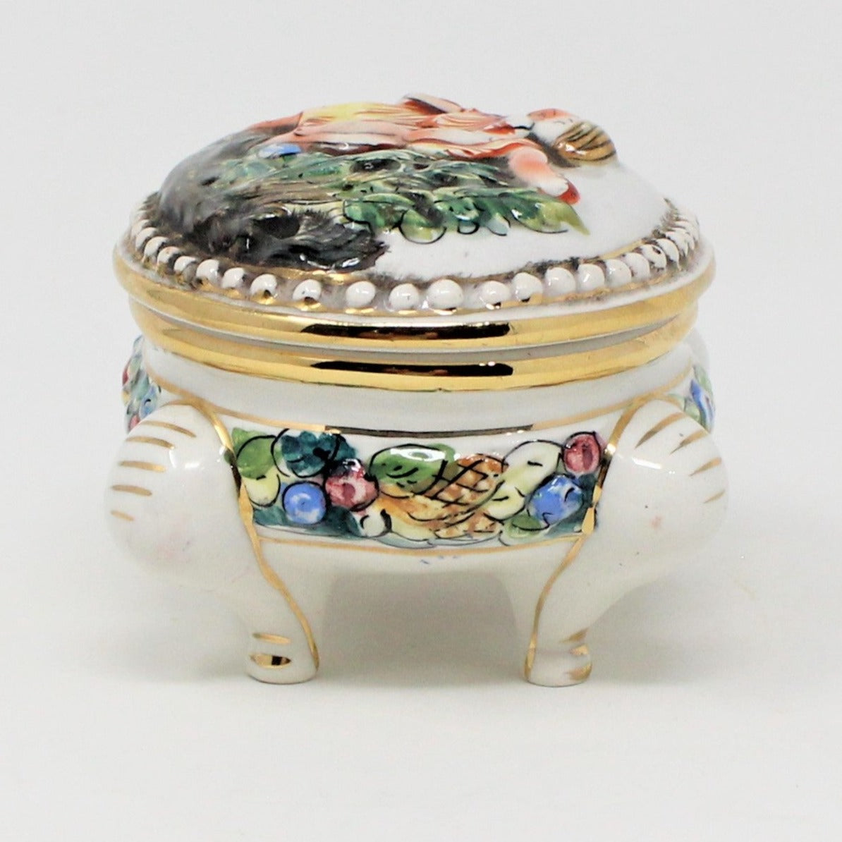 Footed Italian Putto Trinket Box. Vintage Porcelain, hand painted