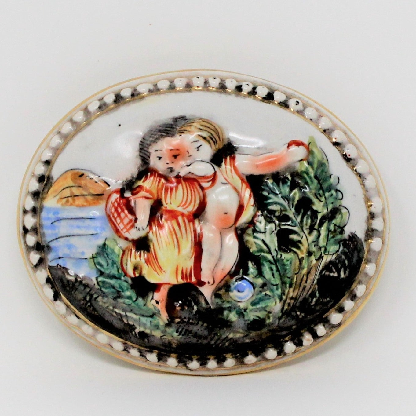 Hand Painted Italian Putto on Porcelain Trinket Box, Mid Century
