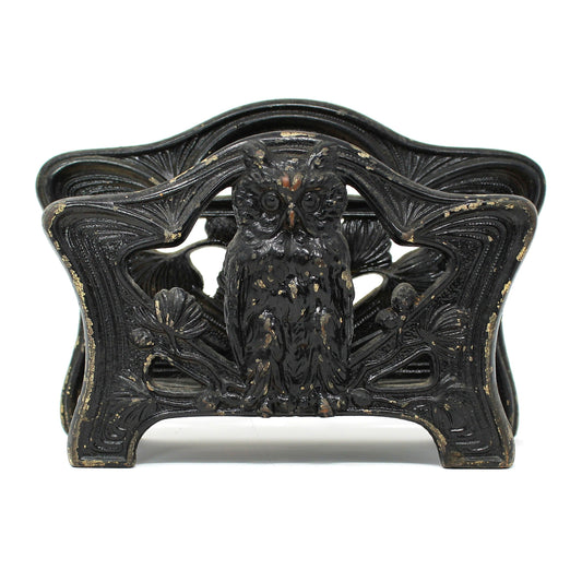 Antique Letter Holder, Mail Organizer, Cast Iron, Owl with Pine Cones, H L Judd Co # 6643, Art Nouveau Desktop Organizer, Office Accessories, USA Collectibles, Fall Decor