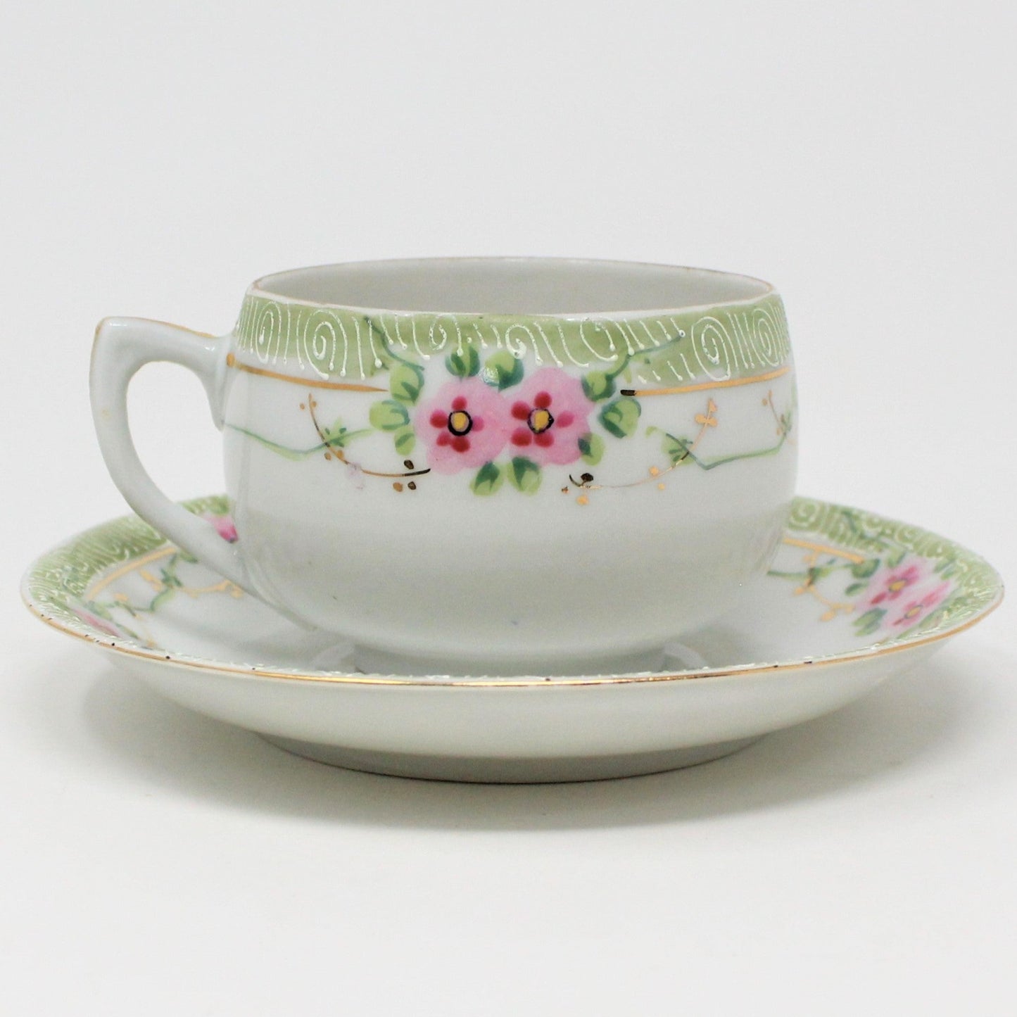 Teacup and Saucer, Nippon, Pink and Green Floral, Hand Painted Moriage, Antique