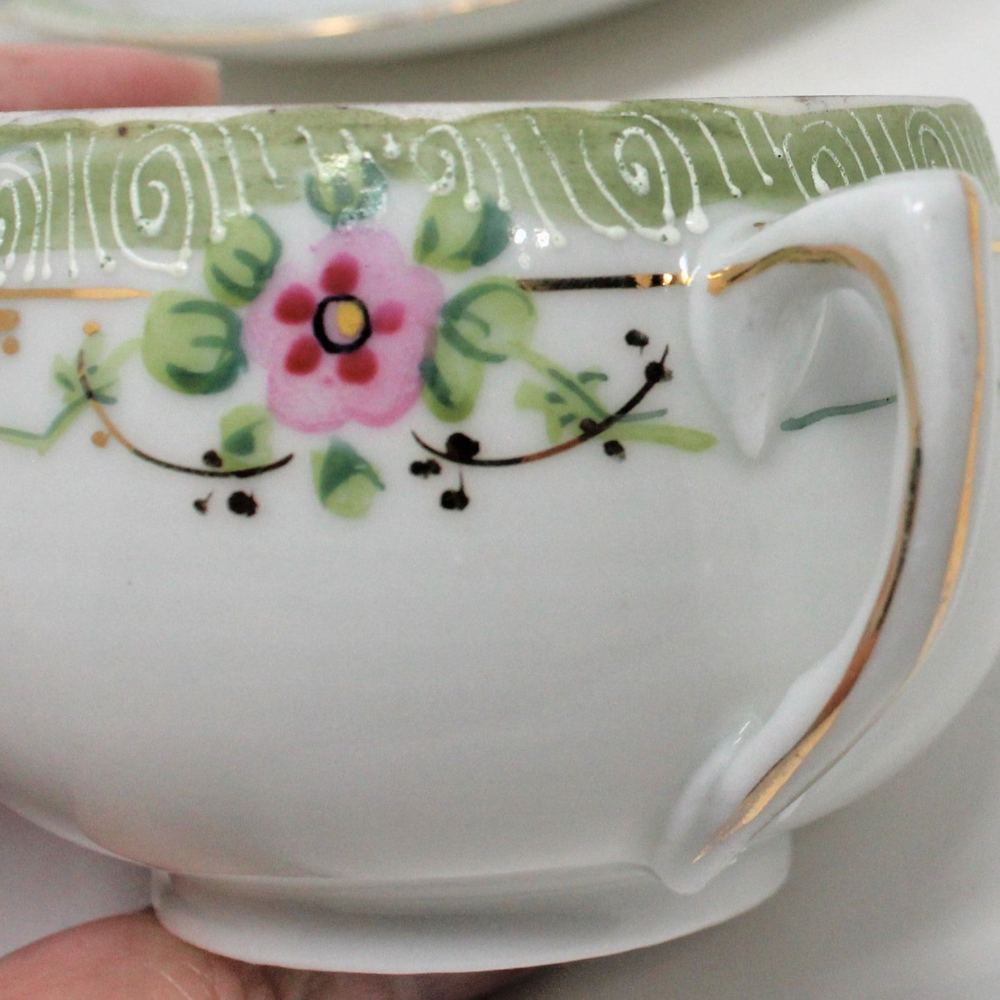 Teacup and Saucer, Nippon, Pink and Green Floral, Hand Painted Moriage, Antique