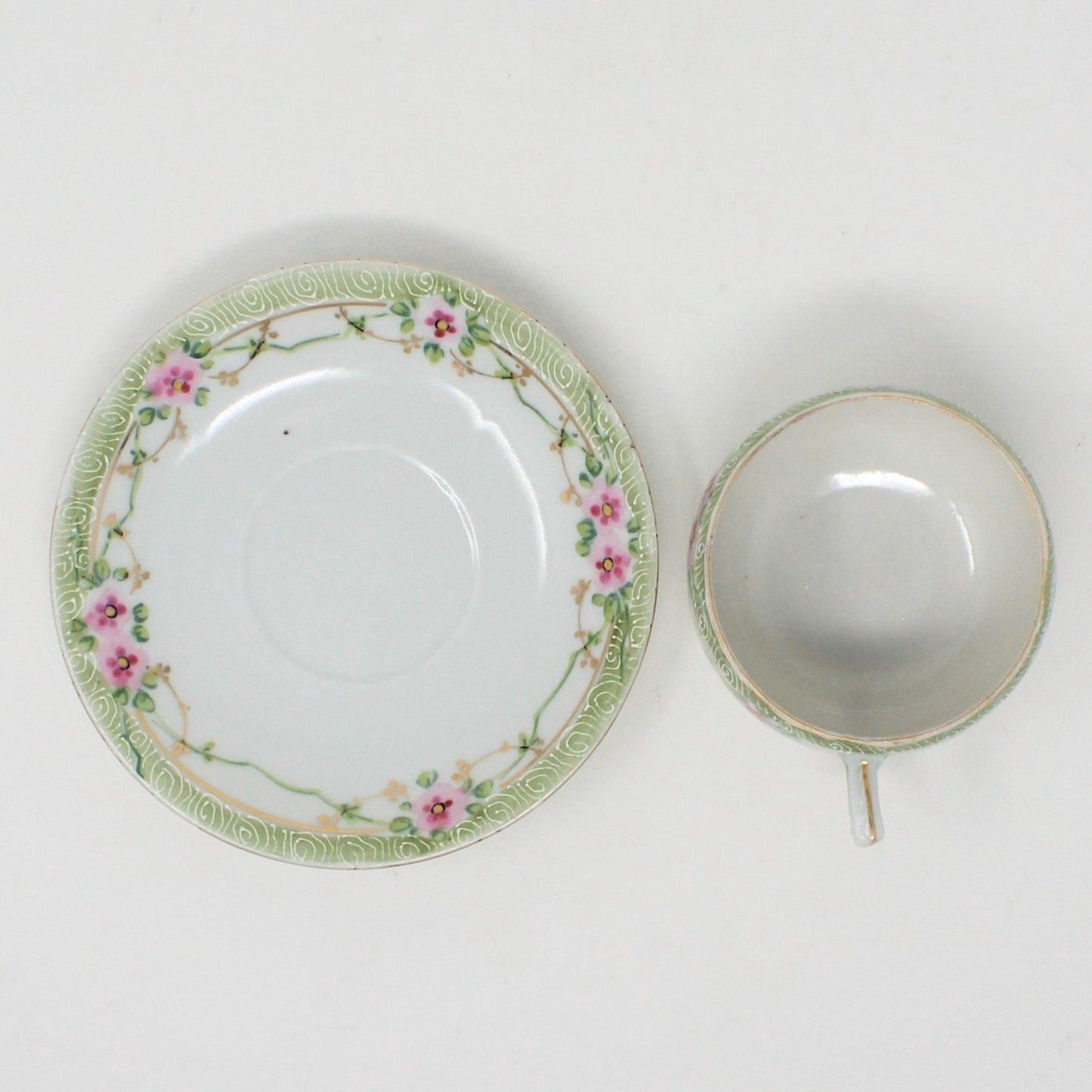 Teacup and Saucer, Nippon, Pink and Green Floral, Hand Painted Moriage, Antique