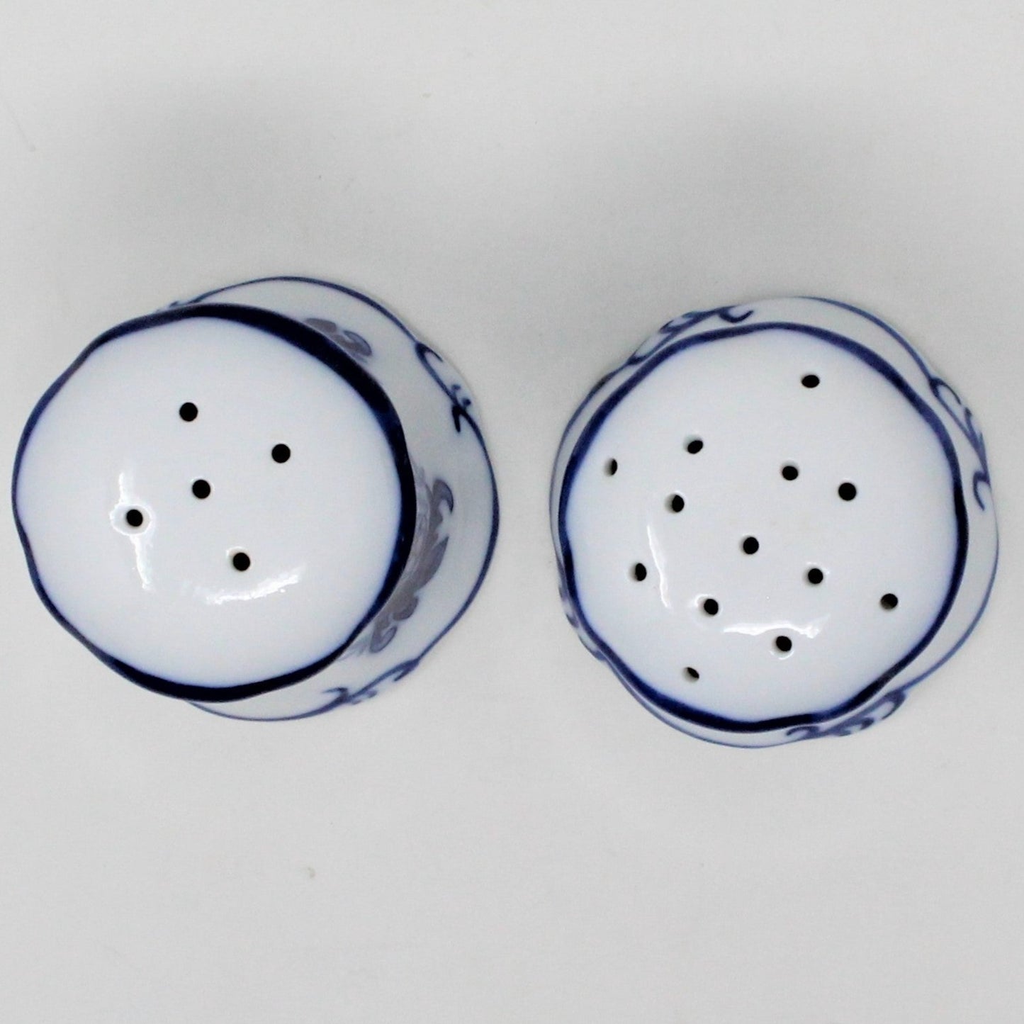 Salt and Pepper Shakers, Cracker Barrel, Blue and White, Flow Blue Style Porcelain, SOLD