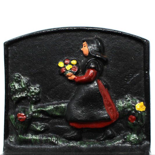 Bookend, Wilton Products, Cast Iron, Hand Painted Girl with Flowers, Amish Girl, Single Bookend, Vintage