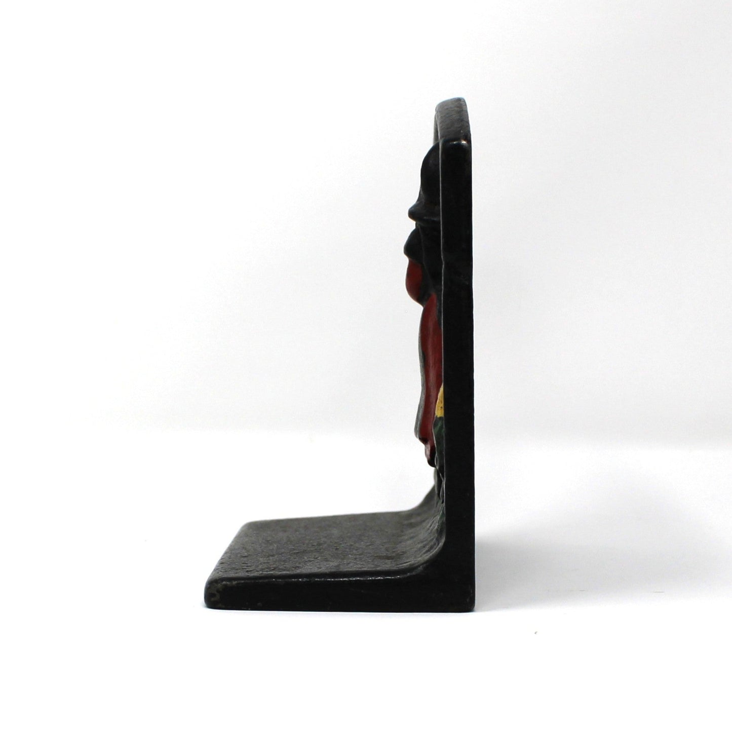 Side view of vintage cast iron, black bookend from Wilton Products, USA