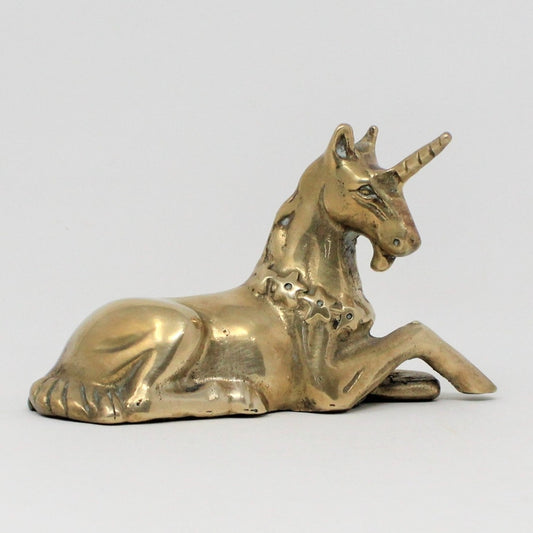 Figurine, Brass Unicorn with Stars Wreath, Laying / Sitting, Vintage