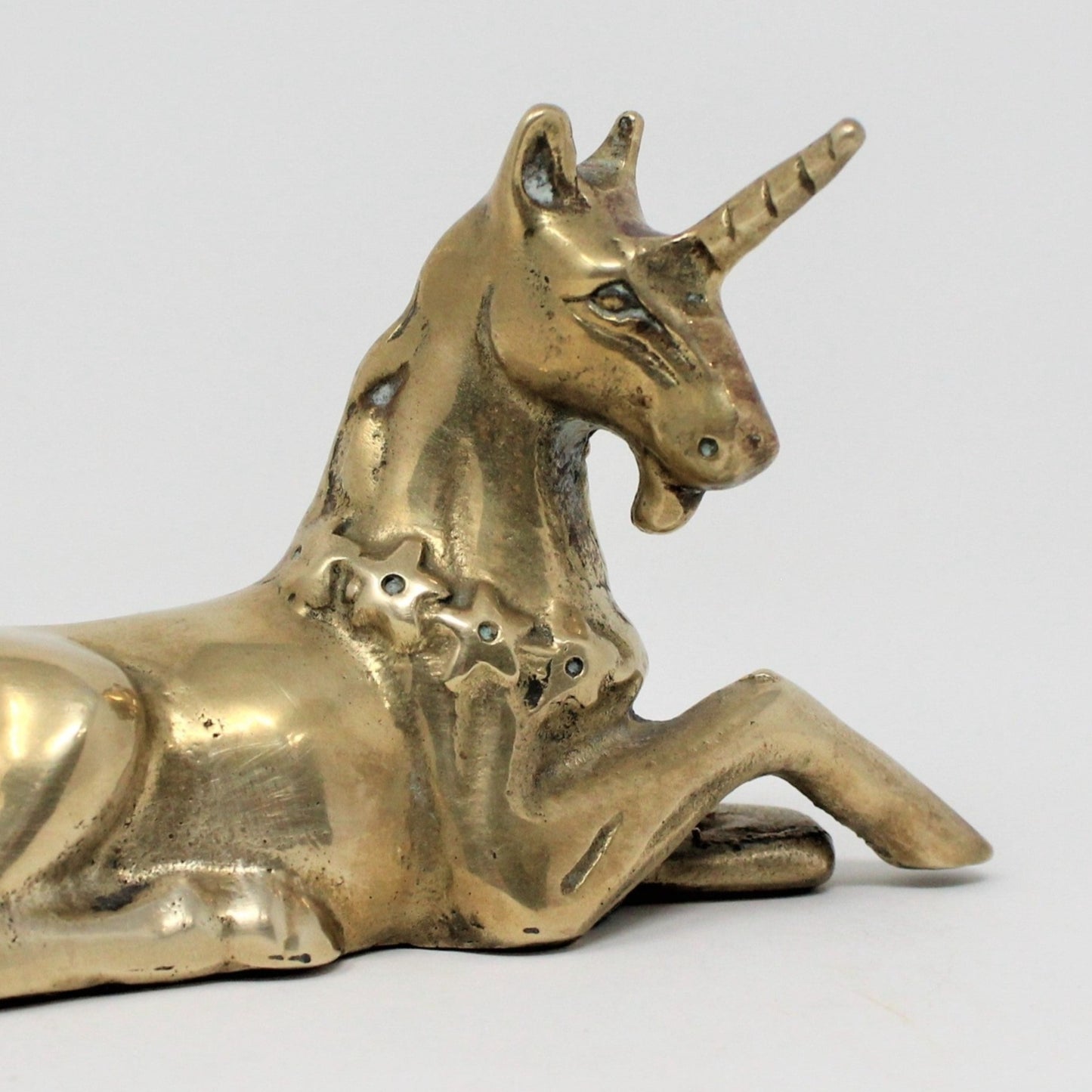 Figurine, Brass Unicorn with Stars Wreath, Laying / Sitting, Vintage