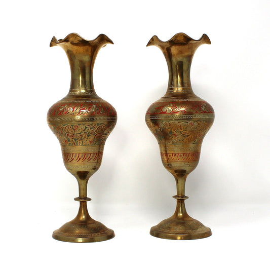 Vintage Set of 2 Brass Vases, Brass and Enamel, Pedestal with Ruffled Border, Indian Brass, Champlevé Home Decor.