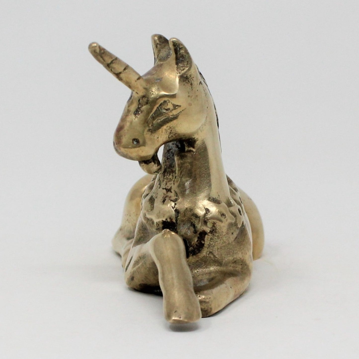 Figurine, Brass Unicorn with Stars Wreath, Laying / Sitting, Vintage