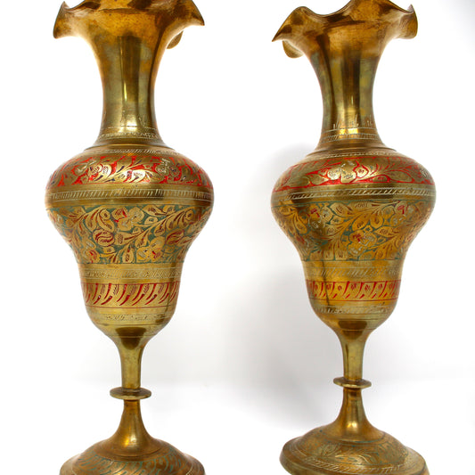 Two ornate vintage brass vases with intricate designs, Indian brass with enamel