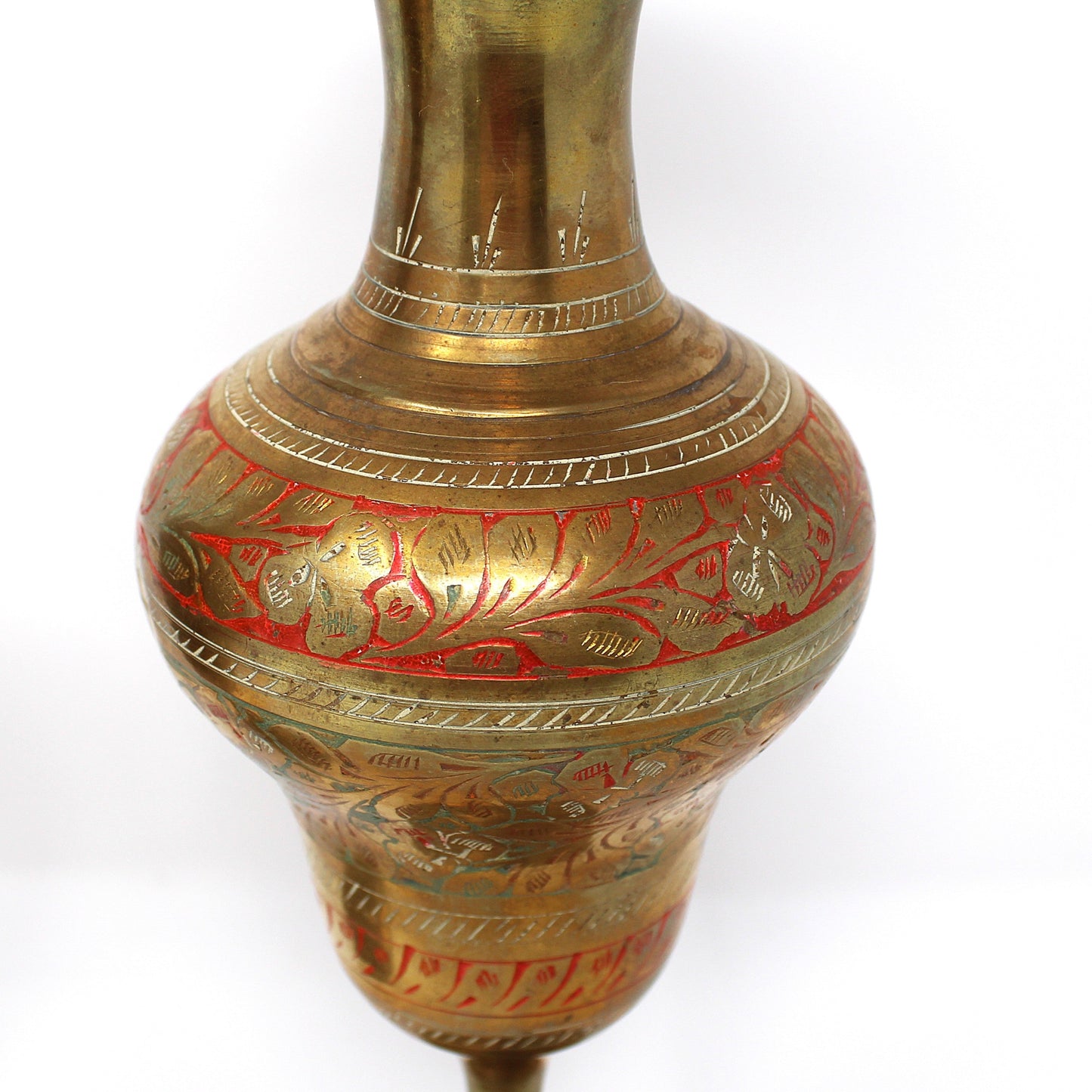 Vase, Brass & Hand Engraved Enamelwork, Pedestal Footed, Ruffled Edge, Set of 2, Champlevé Vintage