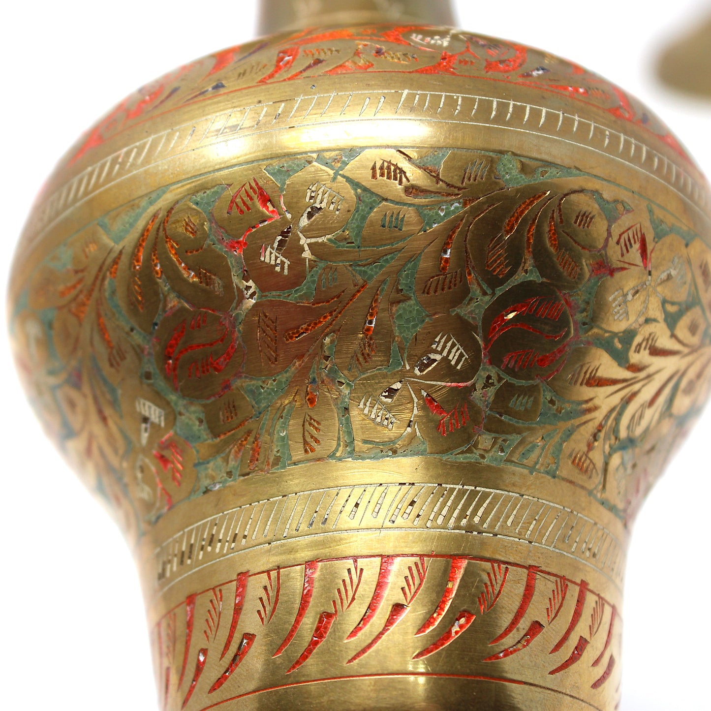 Vase, Brass & Hand Engraved Enamelwork, Pedestal Footed, Ruffled Edge, Set of 2, Champlevé Vintage