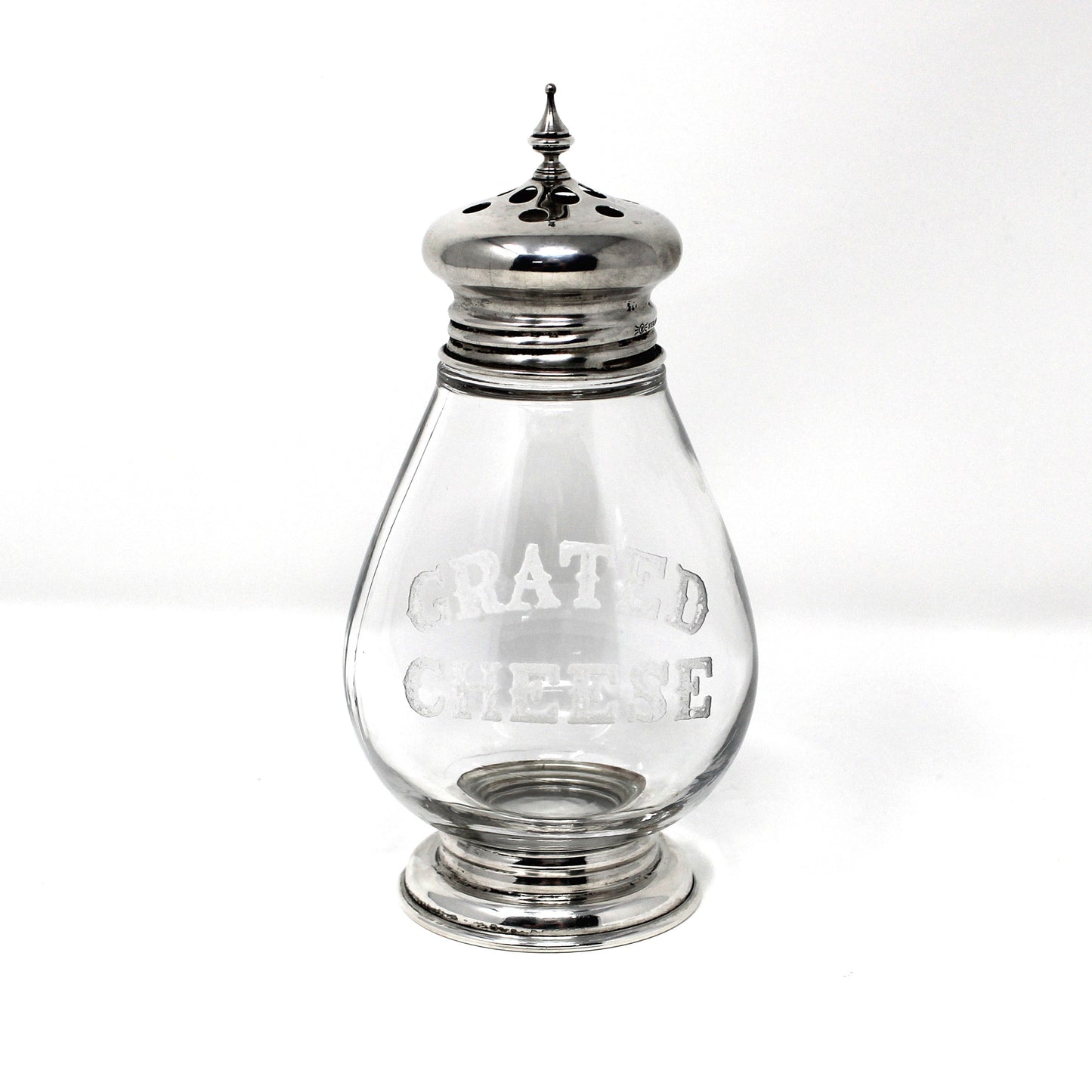 Antique Grated Cheese dispenser. Sterling Silver and Glass with etched letters by F. M. Whiting & Co