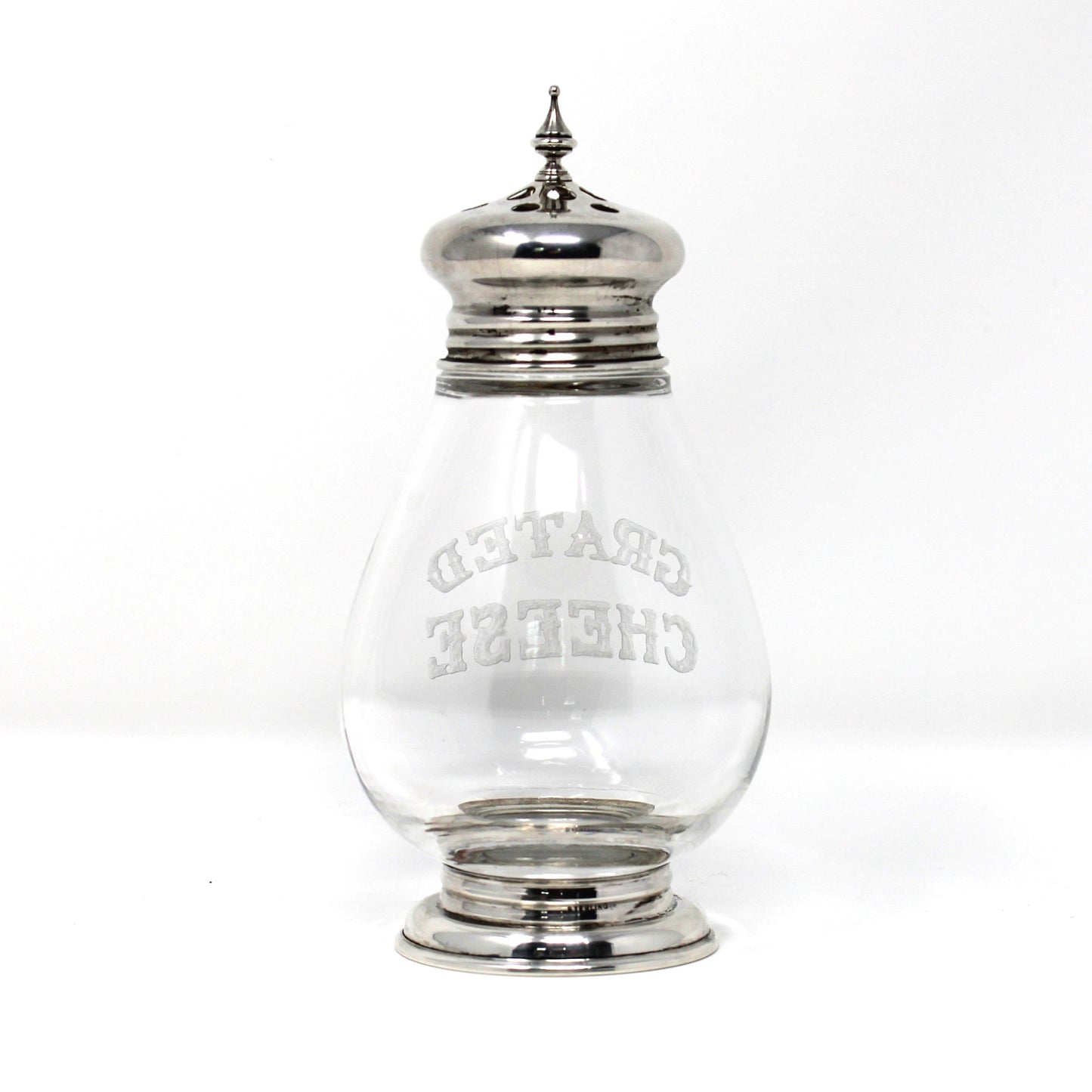 Shaker, Frank Whiting, Grated Cheese Shaker / Dispenser, Etched Glass & Sterling Silver Holloware, Antique