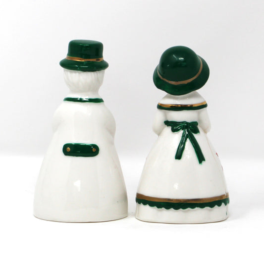 Figurine / Bells, Victorian Couple, Boy & Girl Christmas Bells, Red & Green Porcelain, Hand Painted, Vintage Set of 2