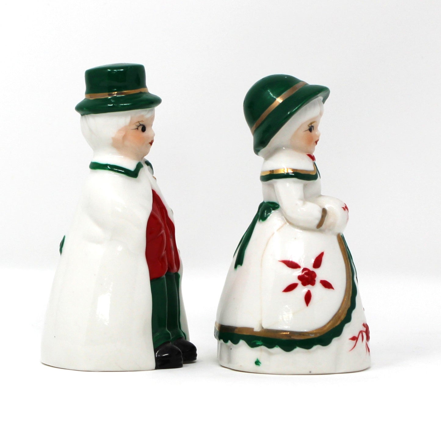 Figurine / Bells, Victorian Couple, Boy & Girl Christmas Bells, Red & Green Porcelain, Hand Painted, Vintage Set of 2