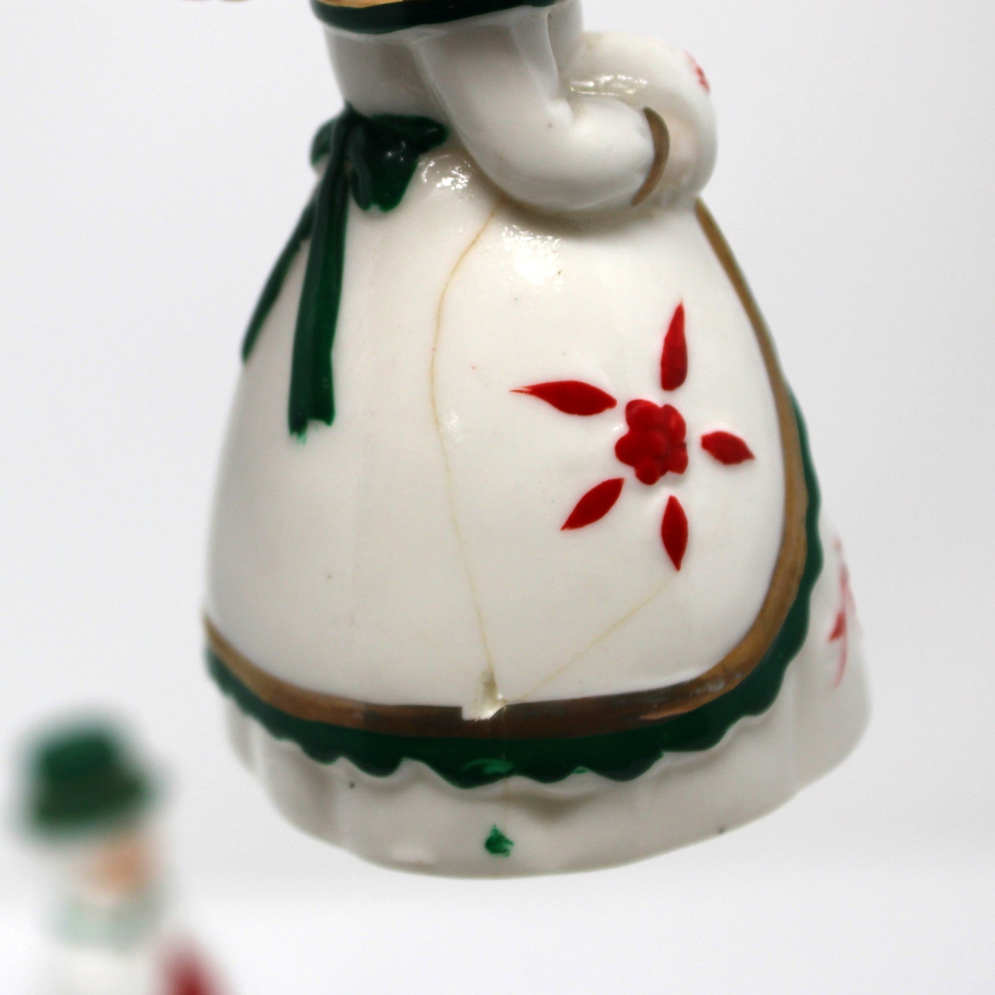 Figurine / Bells, Victorian Couple, Boy & Girl Christmas Bells, Red & Green Porcelain, Hand Painted, Vintage Set of 2