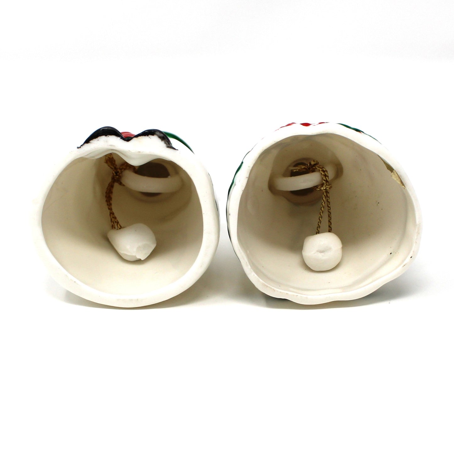 Figurine / Bells, Victorian Couple, Boy & Girl Christmas Bells, Red & Green Porcelain, Hand Painted, Vintage Set of 2