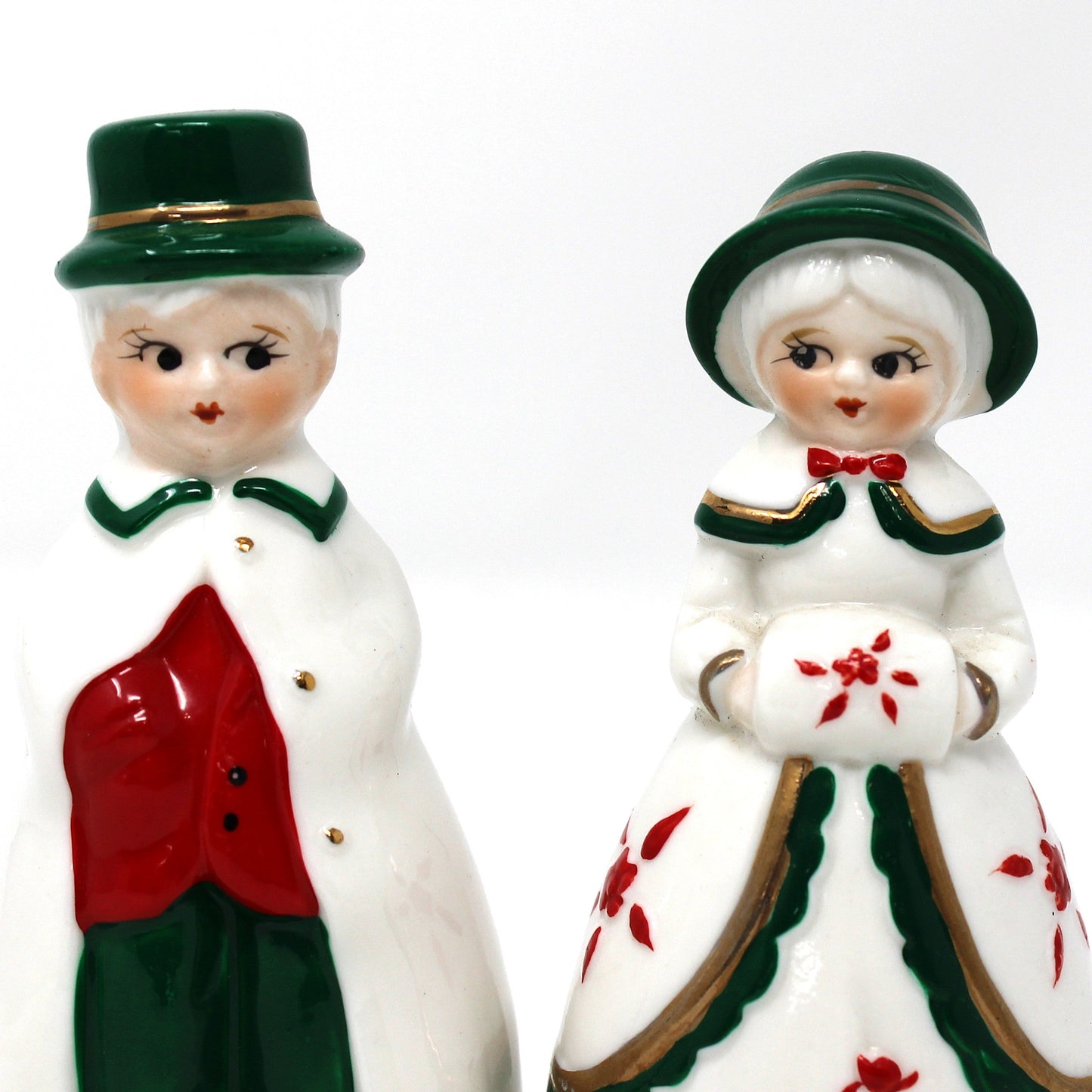 Figurine / Bells, Victorian Couple, Boy & Girl Christmas Bells, Red & Green Porcelain, Hand Painted, Vintage Set of 2