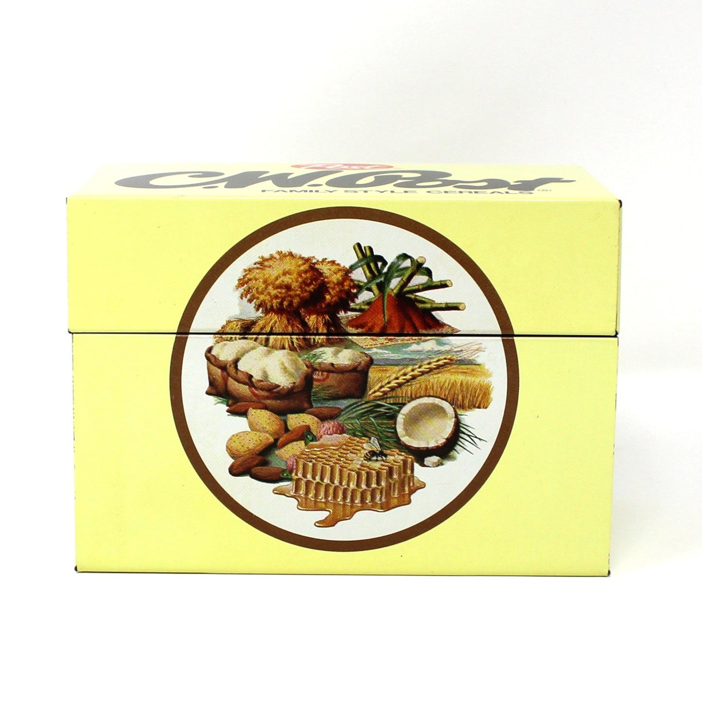 vintage recipe box. CW Post Yellow box with a food illustration