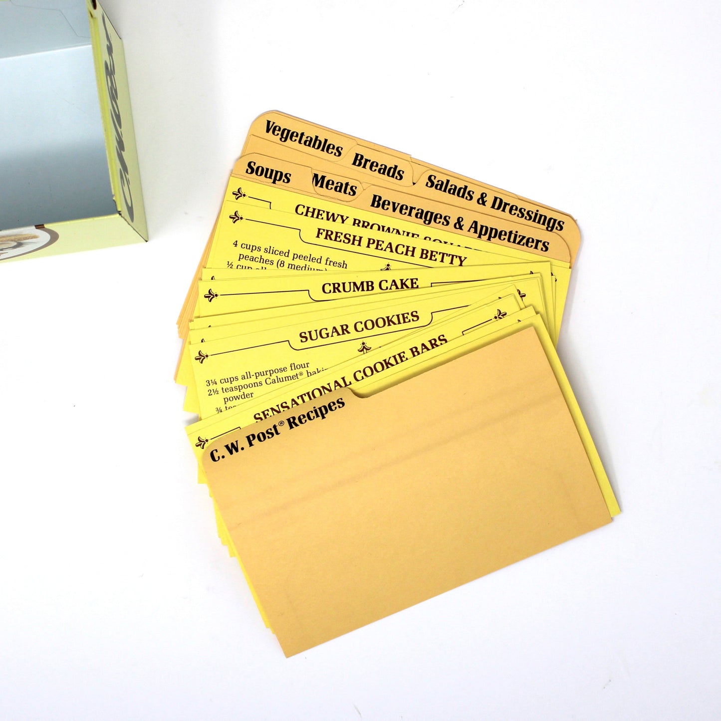 Recipe Box, C.W. Post Cereal, Retro Kitchen, Grains Theme, Includes Orig. Recipe Cards, Metal, Vintage