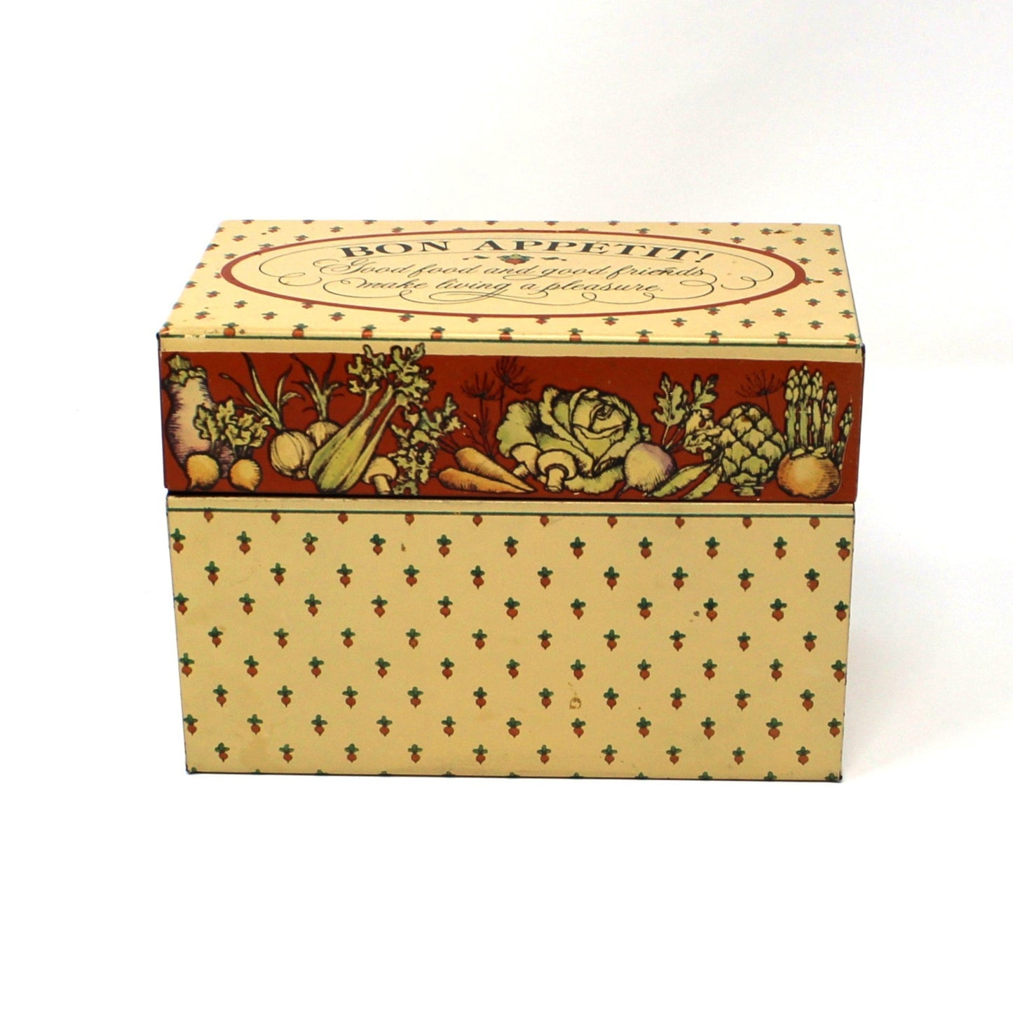 Vintage recipe box from Bon Appetit. Decorative box with a vegetables pattern lid. Hinged metal box.