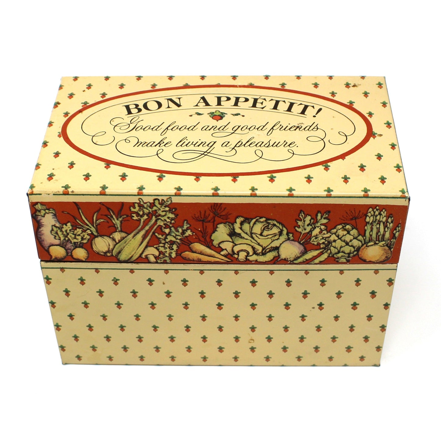 Recipe Box, Hallmark, Bon Appetit, Retro Kitchen, Vegetables Theme, Includes Orig. Index Cards, Metal, Vintage