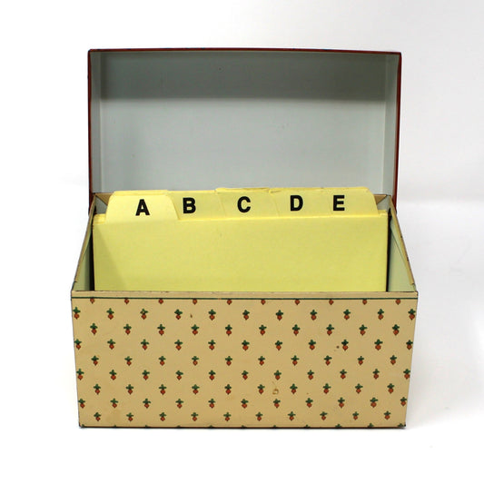 vintage metal recipe box with divider lettered cards.