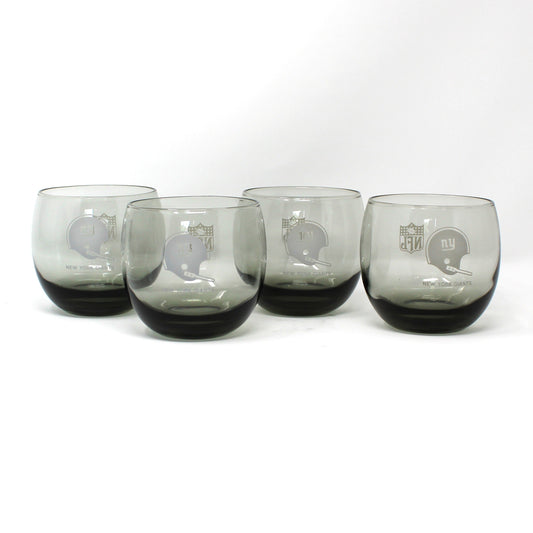 Vintage NFL football New York Giants roly-poly glasses.  Smoke glass, sports barware.