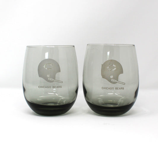 Vintage NFL Football glasses.  Chicago Bears smoked glass roly-poly highball glasses collectible barware.