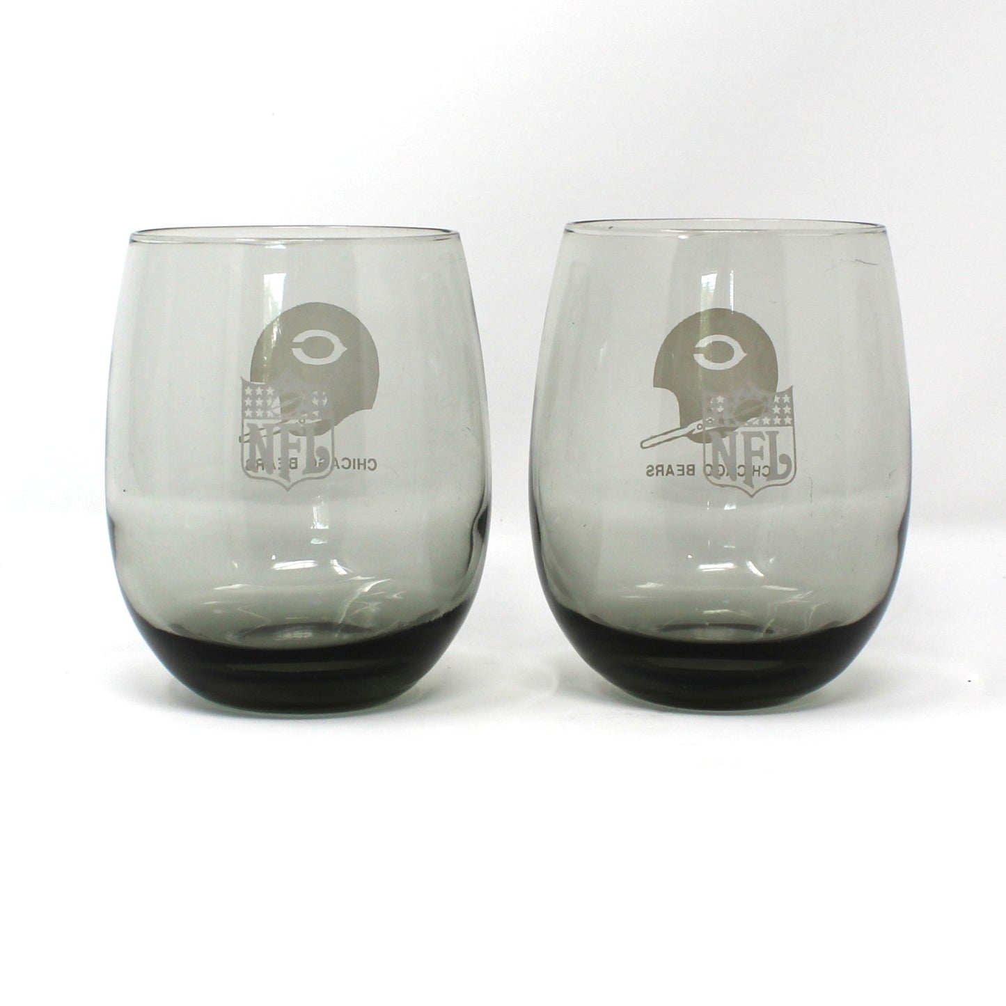 Vintage NFL Football glasses. Chicago Bears smoked glass roly-poly highball glasses collectible barware.