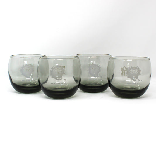 Vintage NFL football New York Jets roly-poly glasses.  Smoke glass, sports barware.