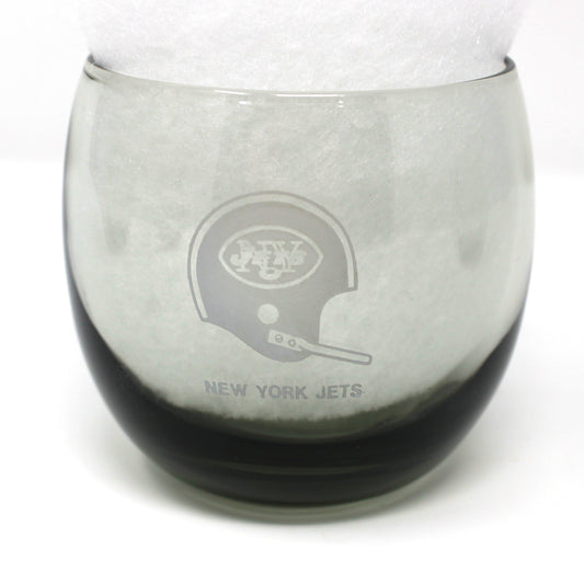 Vintage NFL Football glasses.  New York Jets smoked glass roly-poly collectible barware.