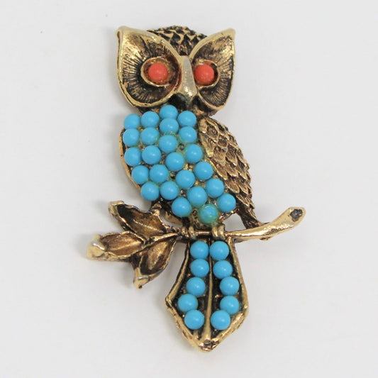 Brooch / Pin, Figural Owl, Faux Turquoise and Coral Beads, Antique Gold Tone, Vintage