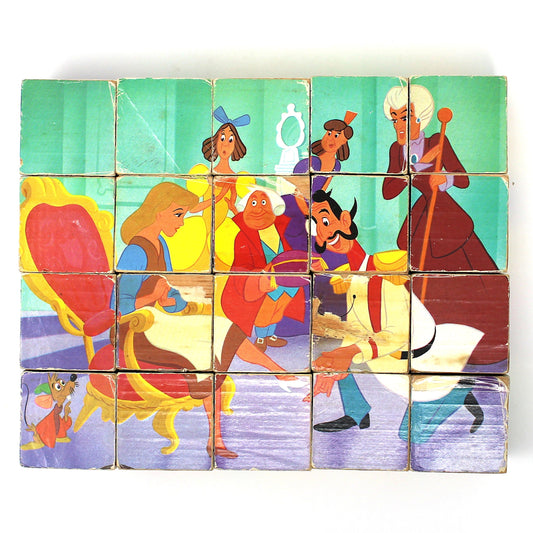 Vintage children's wooden block puzzle with animated Disney characters from Cinderella.