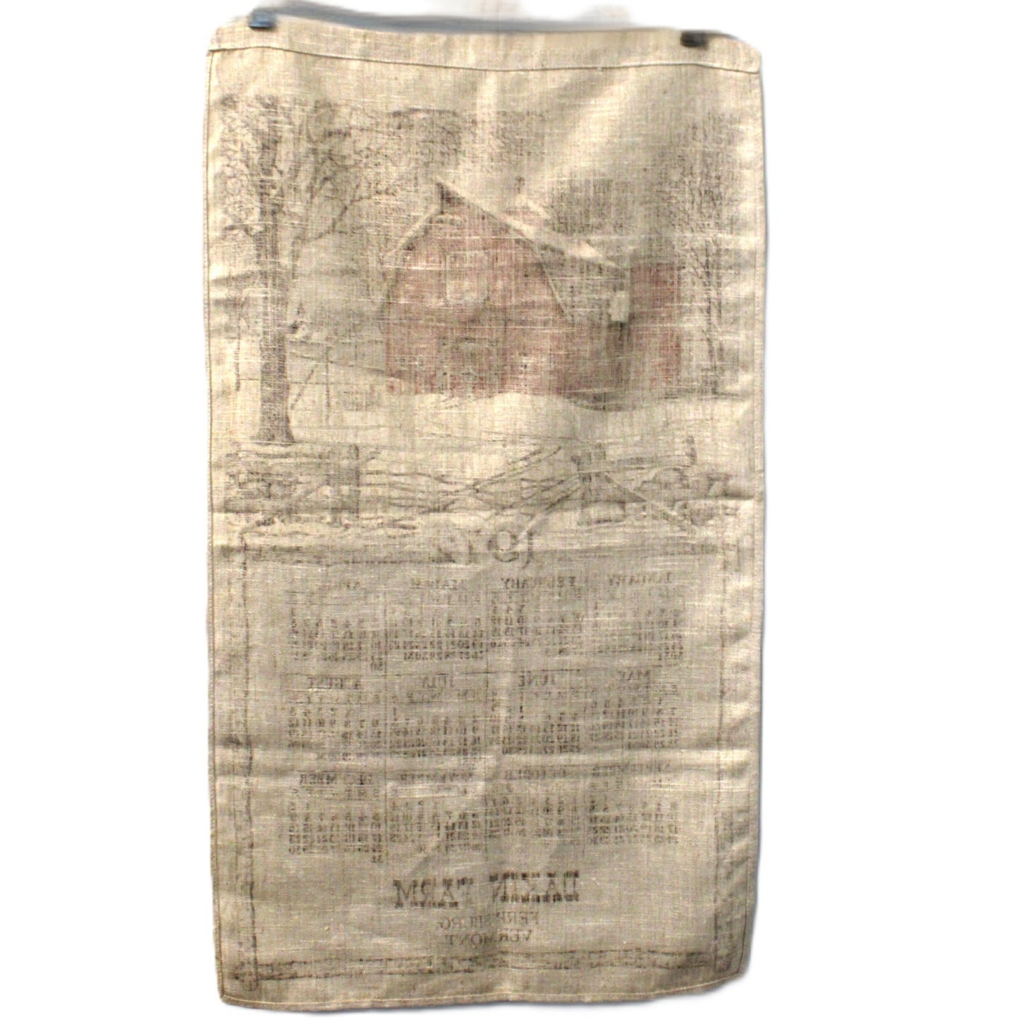 Calendar, Tea Towel, 1972 Kay Dee, Red Barn in Winter, Dakin Farm VT, Vintage Linen