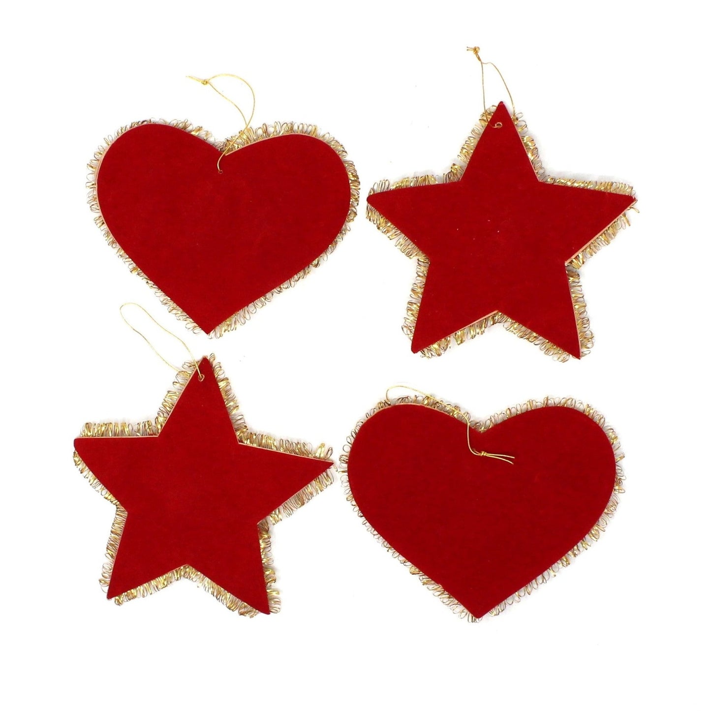 Ornaments, Stars and Hearts, Hand Made, Red Felt with Gold & Silver Beads, Set of 4, Vintage