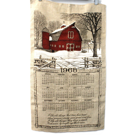 Vintage calendar Tea towel with a red barn design and calendar, dated 1968