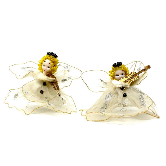 Ornaments, Angels Pipe Cleaner & White Tulle Playing Violin, Delta Novelty Co, Christmas Set of 2, Vintage Japan RARE