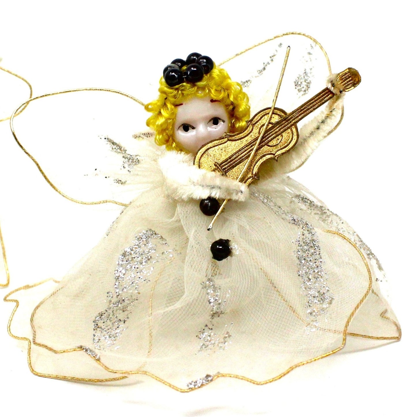 Ornaments, Angels Pipe Cleaner & White Tulle Playing Violin, Delta Novelty Co, Christmas Set of 2, Vintage Japan RARE