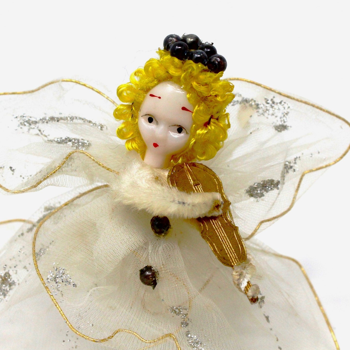 Ornaments, Angels Pipe Cleaner & White Tulle Playing Violin, Delta Novelty Co, Christmas Set of 2, Vintage Japan RARE