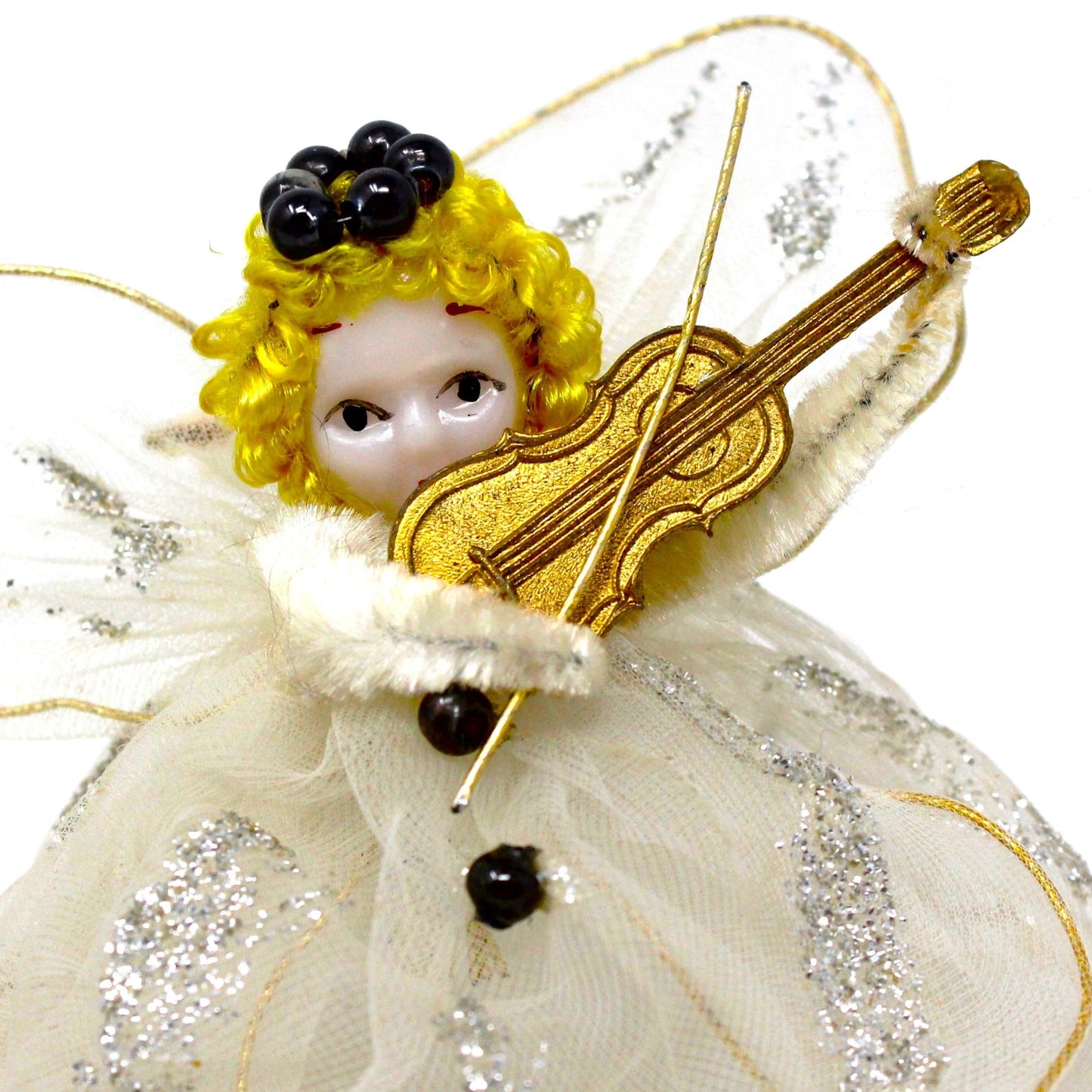Ornaments, Angels Pipe Cleaner & White Tulle Playing Violin, Delta Novelty Co, Christmas Set of 2, Vintage Japan RARE