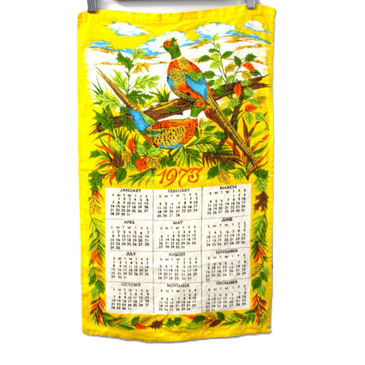 Vintage calendar kitchen tea towel with pheasants design dated 1973
