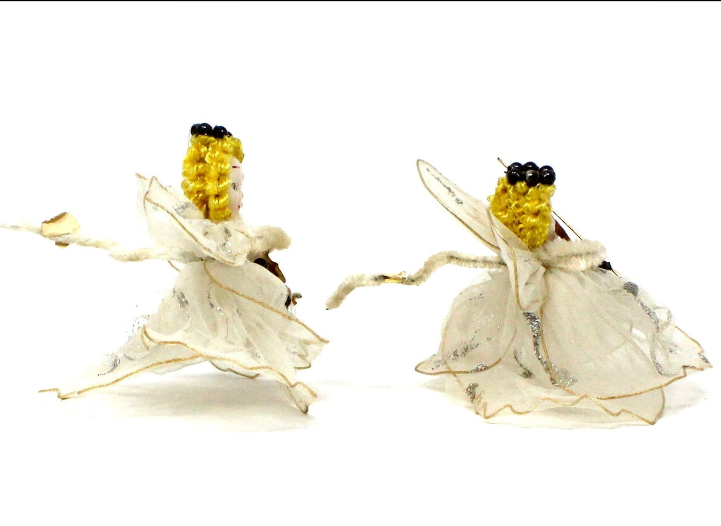 Ornaments, Angels Pipe Cleaner & White Tulle Playing Violin, Delta Novelty Co, Christmas Set of 2, Vintage Japan RARE