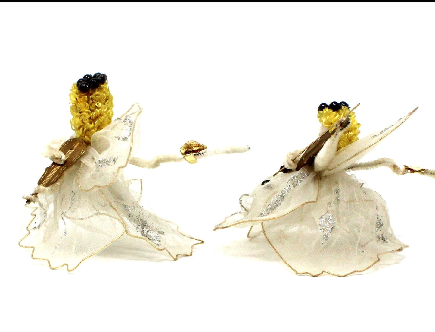 Ornaments, Angels Pipe Cleaner & White Tulle Playing Violin, Delta Novelty Co, Christmas Set of 2, Vintage Japan RARE